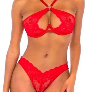 Frederick's of Hollywood Lover Lacy Bra and‎ Crotchless Panty Lipstick Red S/M